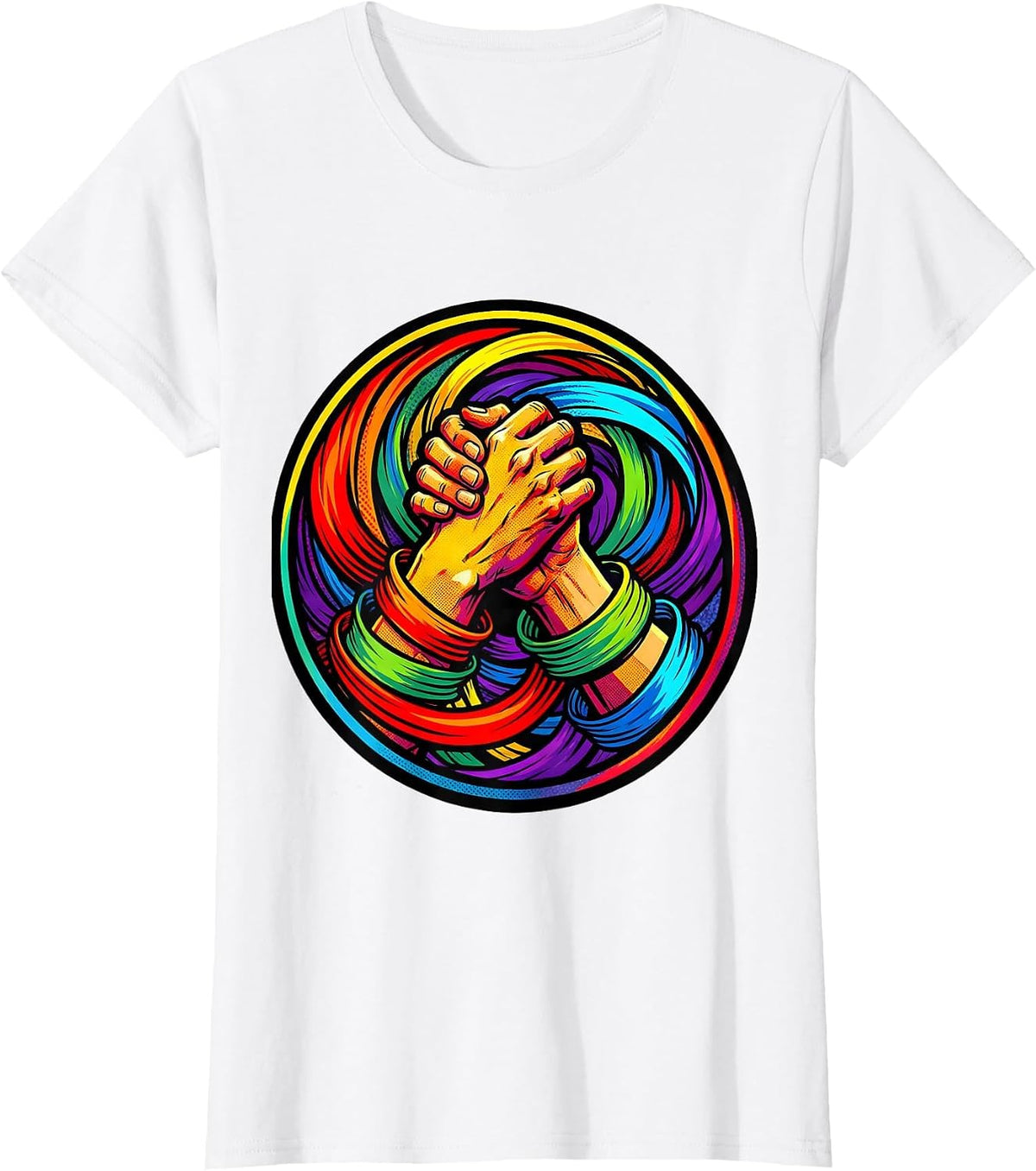 Women's Rainbow Ribbon Hands Gay Pride Graphic T-Shirt - White
