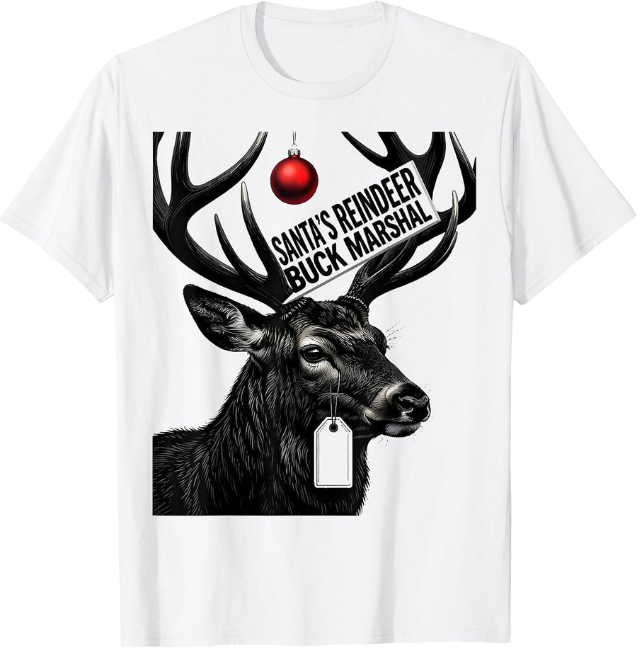 Men's Santa's Reindeer Buck Marshal Funny Hunting Christmas Deer T-Shirt - White