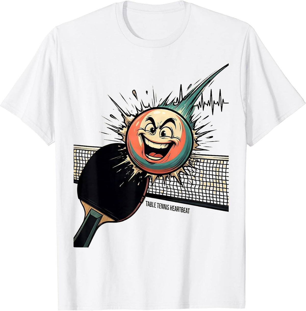 Men's Table Tennis Heartbeat Cartoon Ping Pong Player Humor T-Shirt - White