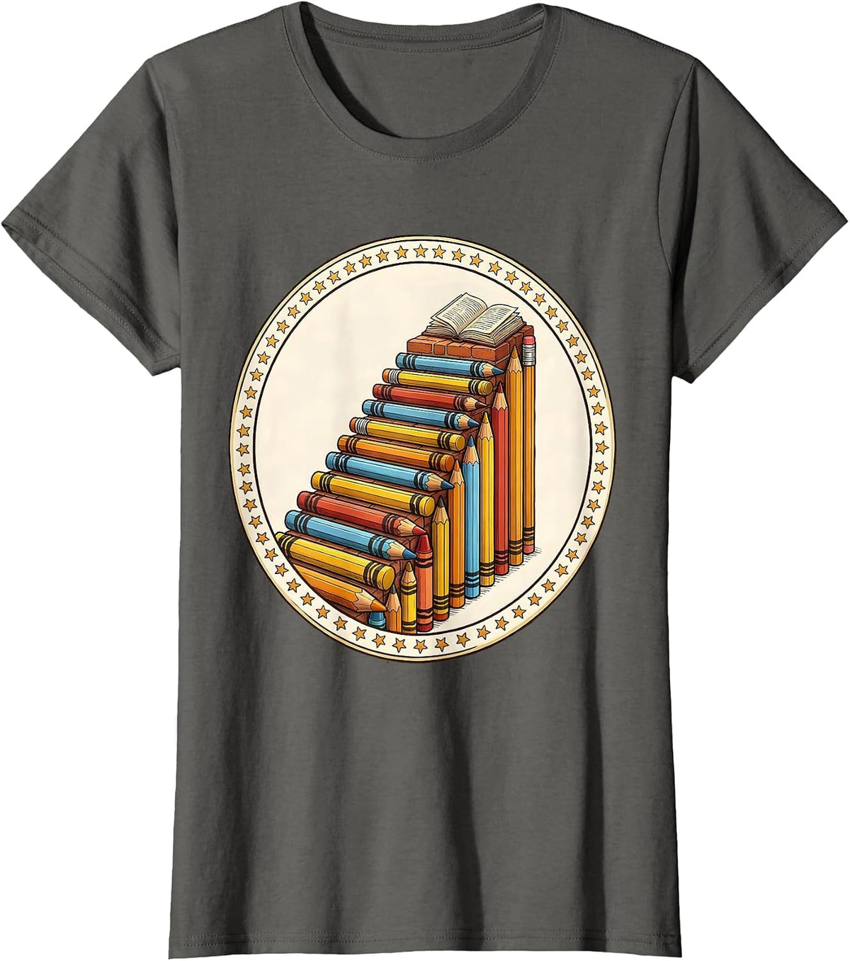Women's Special Education Crayon Pencil Staircase Design T-Shirt - Asphalt Grey