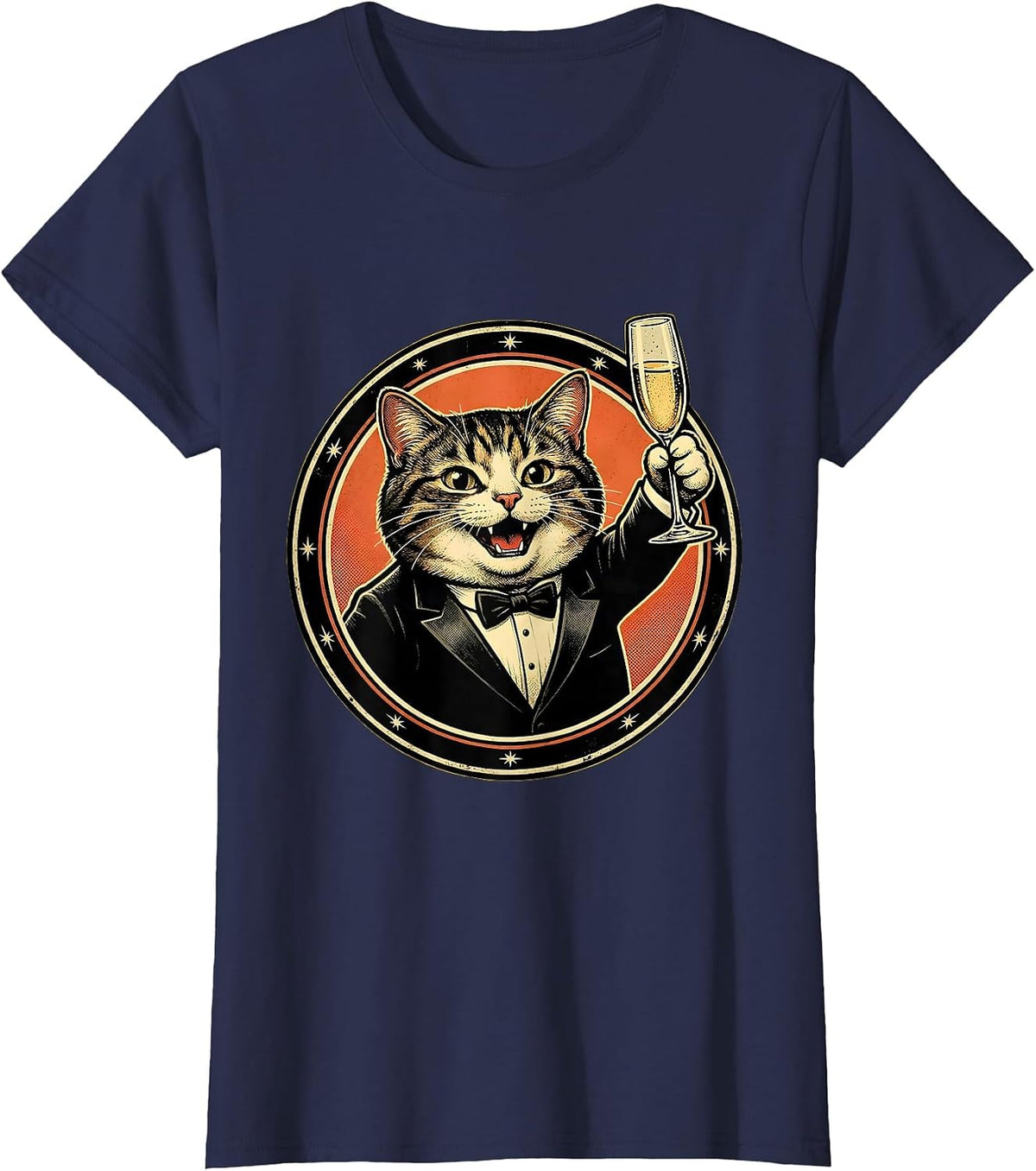 Women's Fancy Cat in Tuxedo with Champagne Glass T-Shirt - Navy Blue