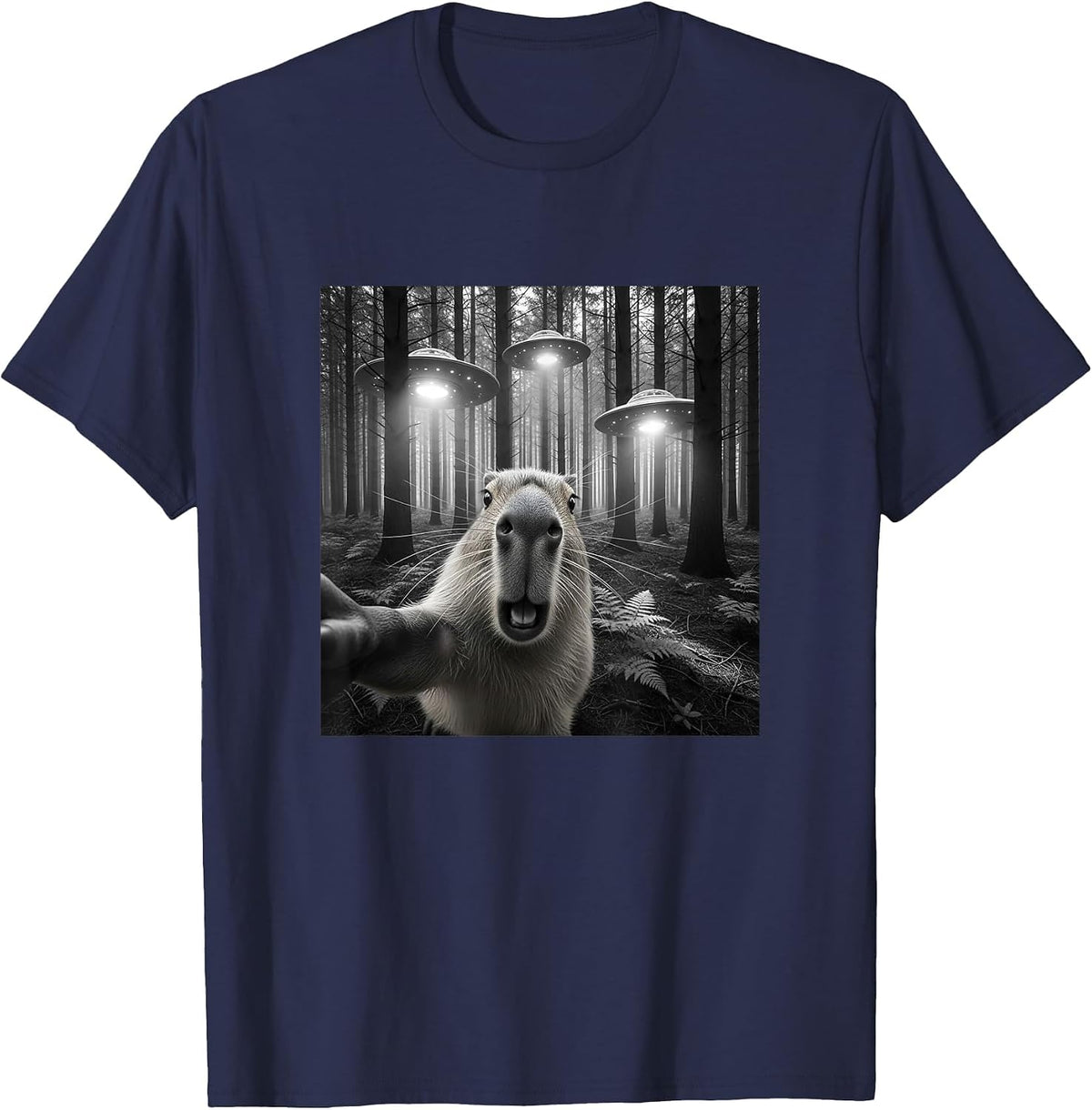 Funny Capybara Selfie with Alien UFO for Men Women Kid T-Shirt - Navy Blue
