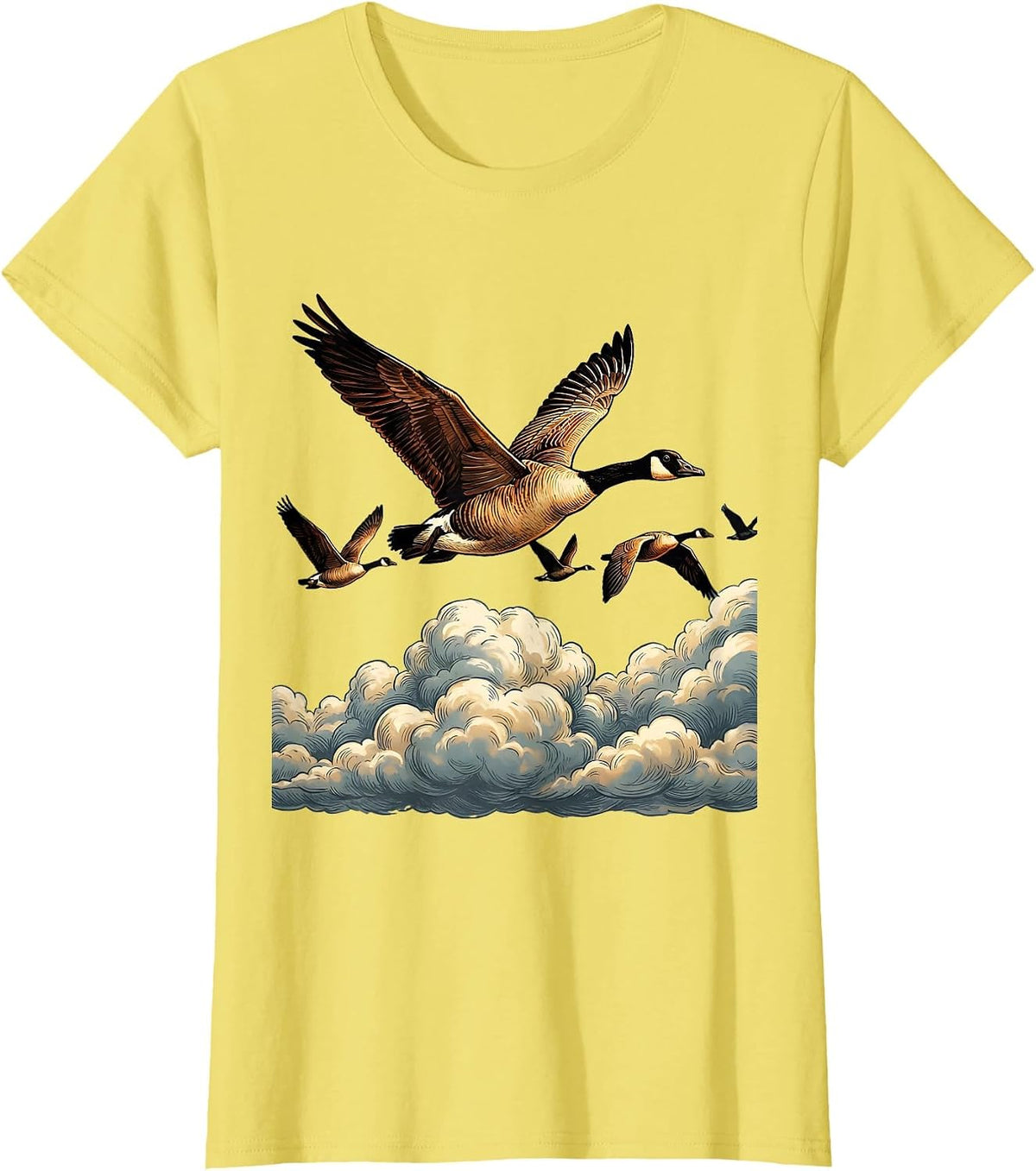 Geese V-Formation Flight Above the Clouds T-Shirt - Lemon Yellow