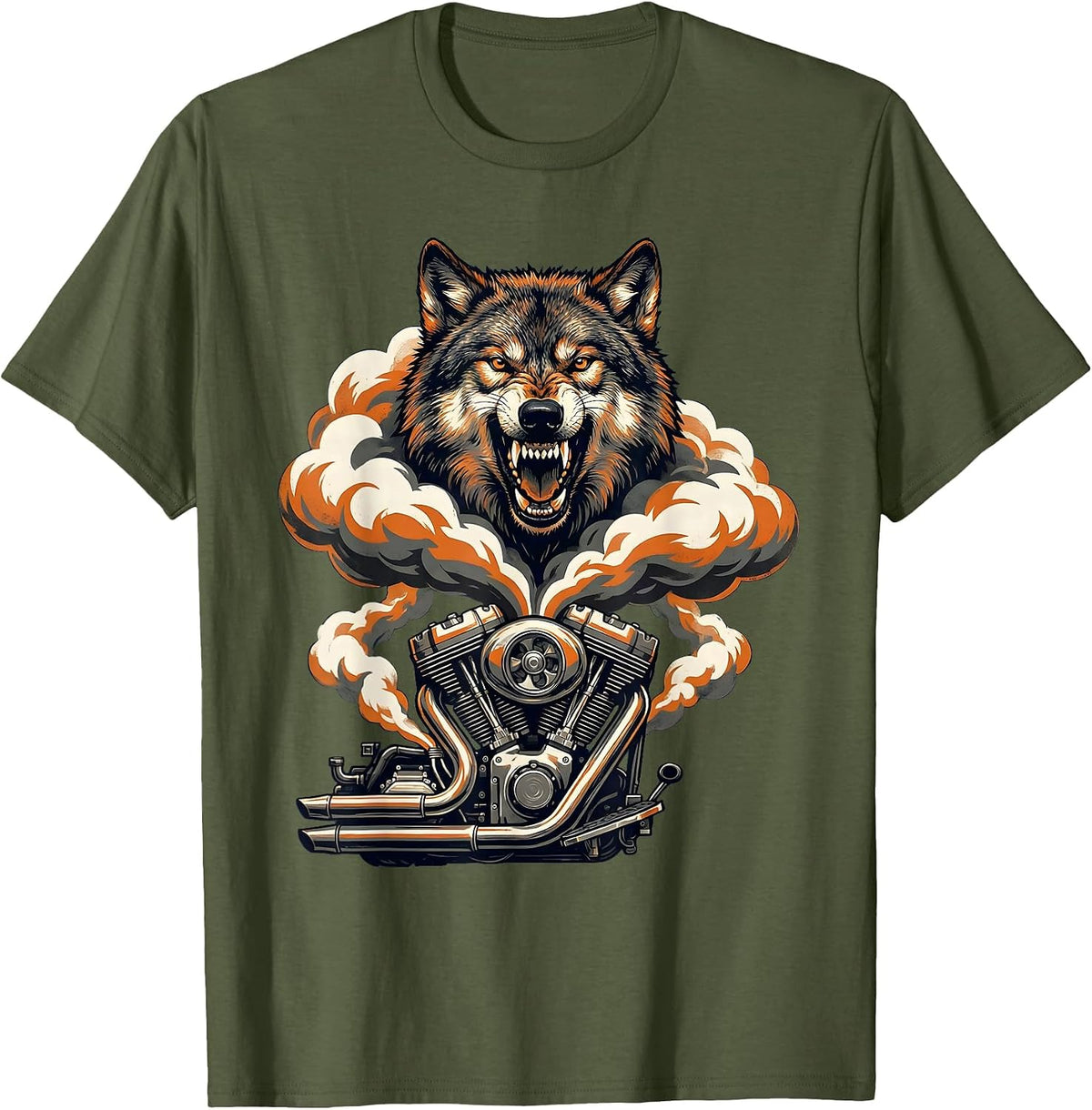 Wolf Head Motorcycle Engine Smoke Graphic T-Shirt - Olive Green