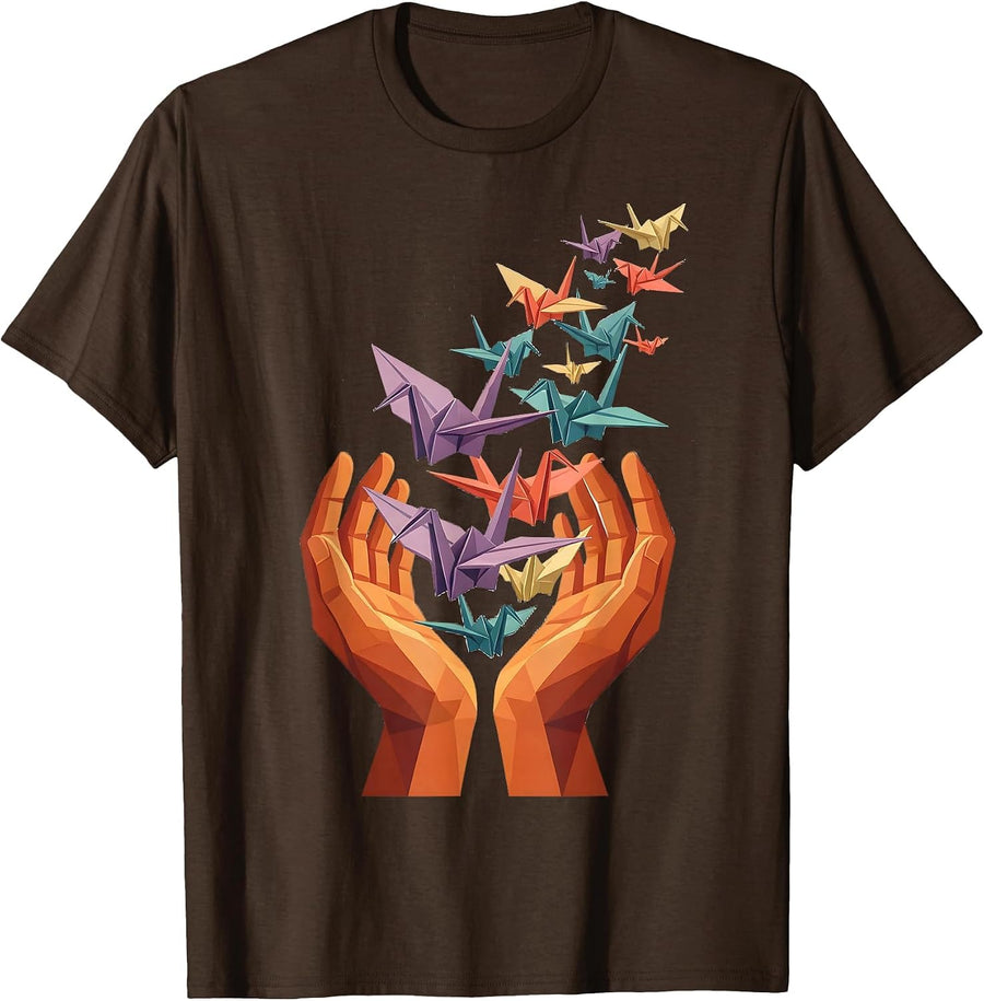 Men's Autism Awareness Origami Birds Freedom Illustration T-Shirt - Brown