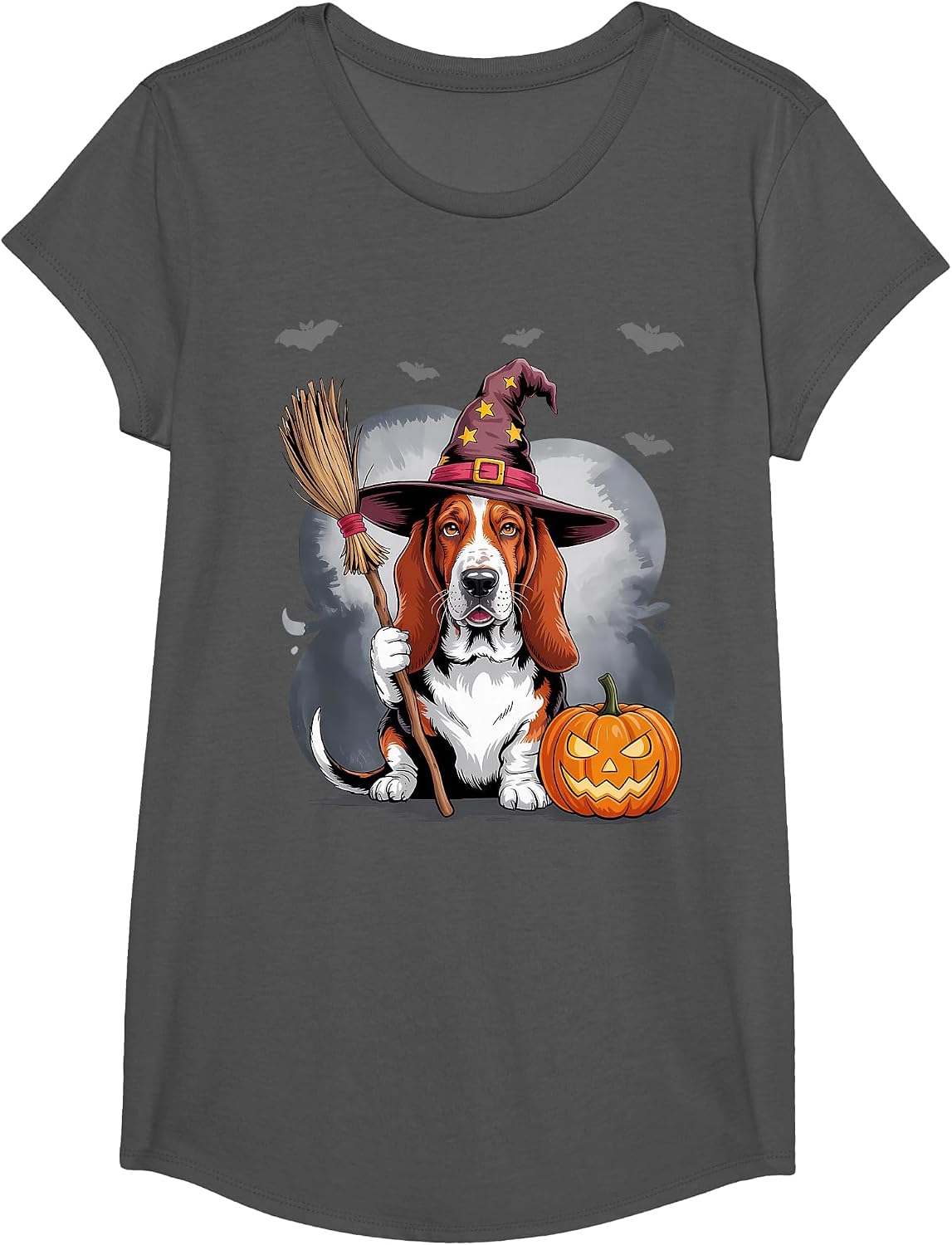Cute Halloween Basset Hound Dog Fall Women's Graphic T-Shirt - Girls Asphalt Grey