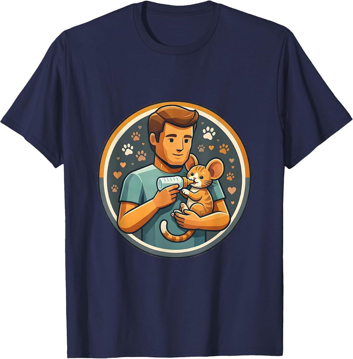 Cat Dad Bottle Feeding Kitten Graphic Tee T-Shirt - Navy Blue