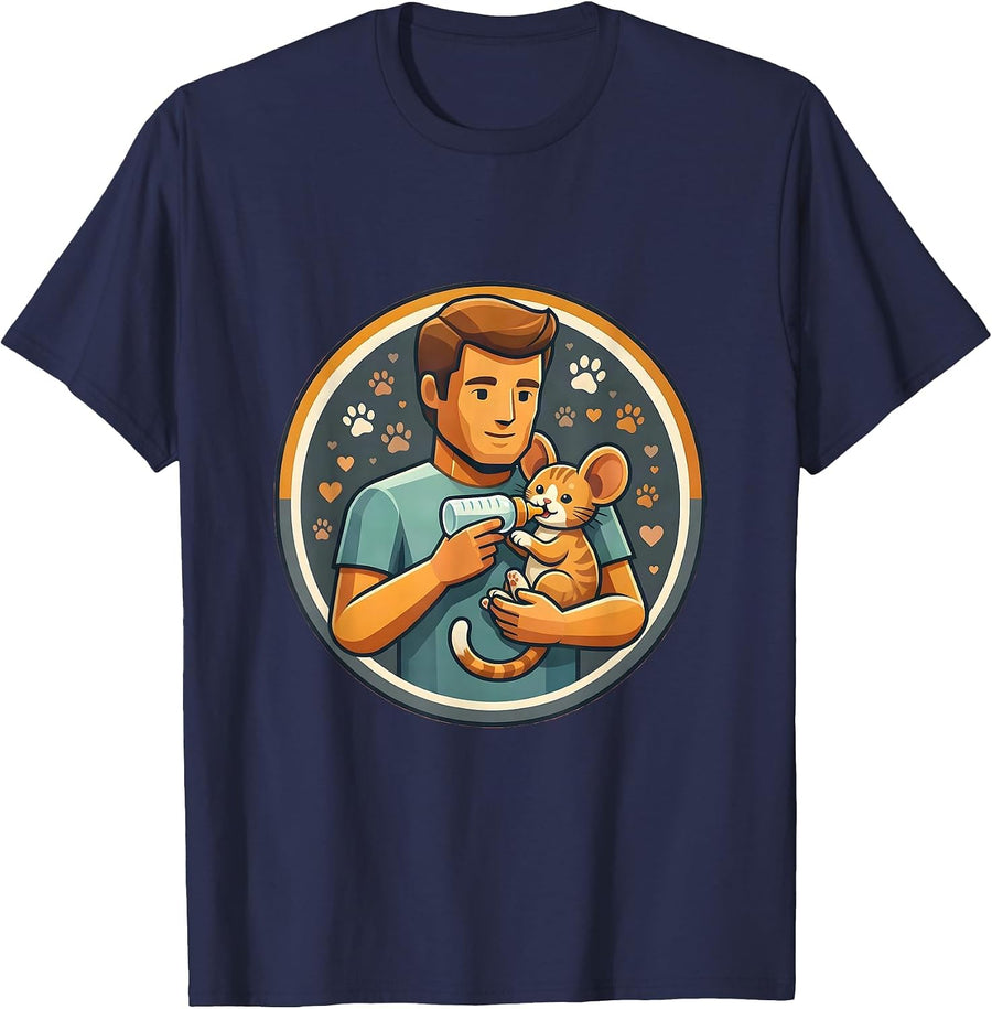 Cat Dad Bottle Feeding Kitten Graphic Tee T-Shirt - Navy Blue