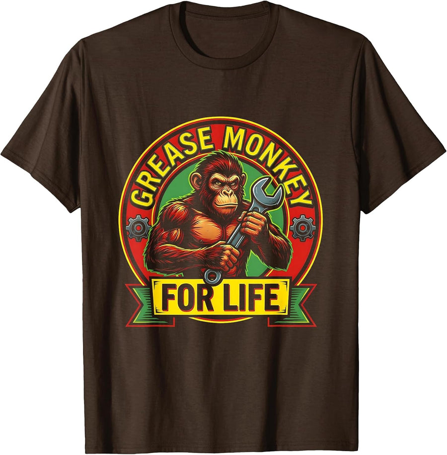 Grease Monkey For Life Mechanic Design T-Shirt - Brown