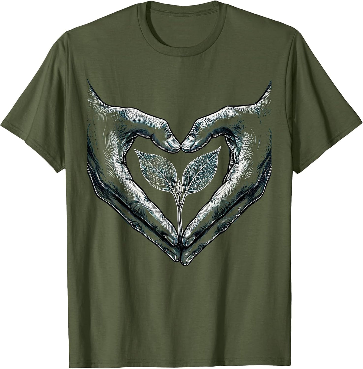 Men's Autism Awareness Hands Heart Seedling Design T-Shirt - Olive Green