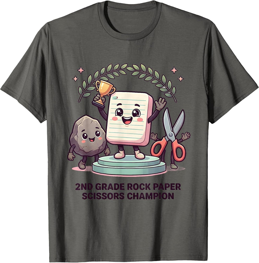 2nd Grade Rock Paper Scissors Champion Cute Kawaii Back T-Shirt, Men, Asphalt Grey, Large - As Pictured