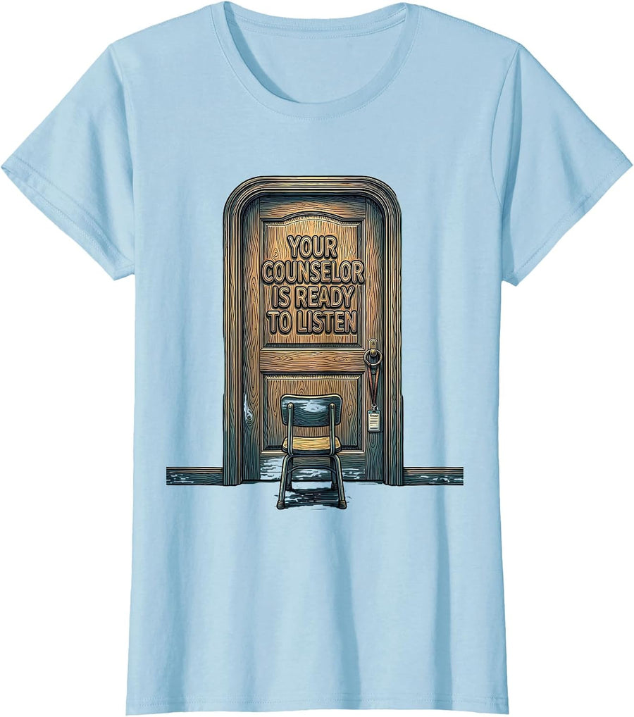 Women's Your Counselor Is Ready To Listen Groovy Retro School T-Shirt - Baby Blue