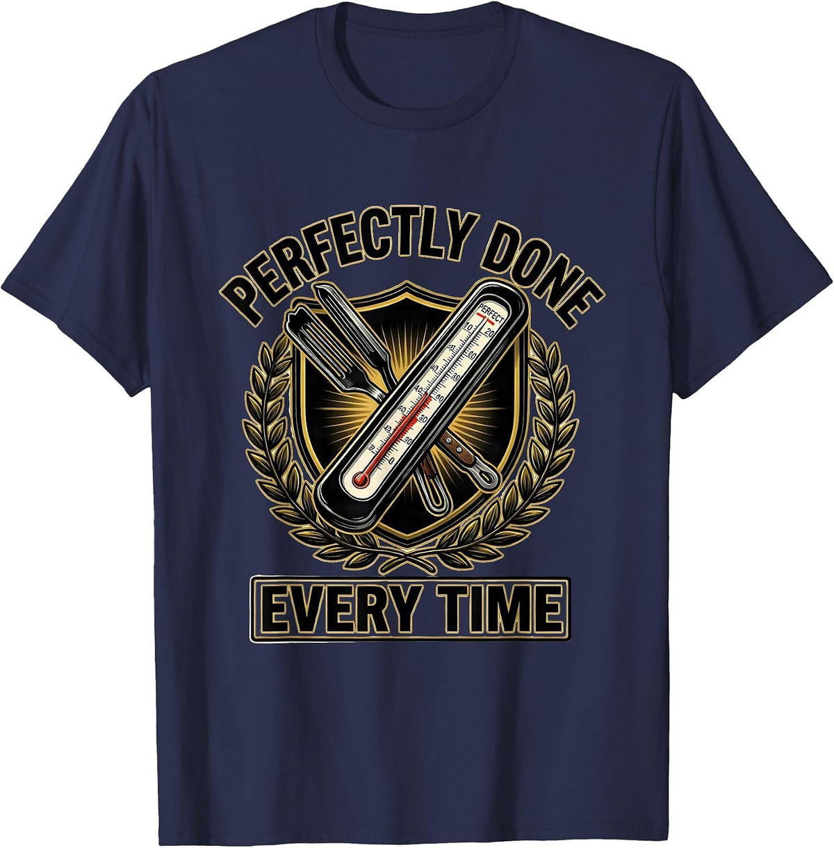Perfectly Done Every Time Labor Day BBQ Design T-Shirt - Navy Blue
