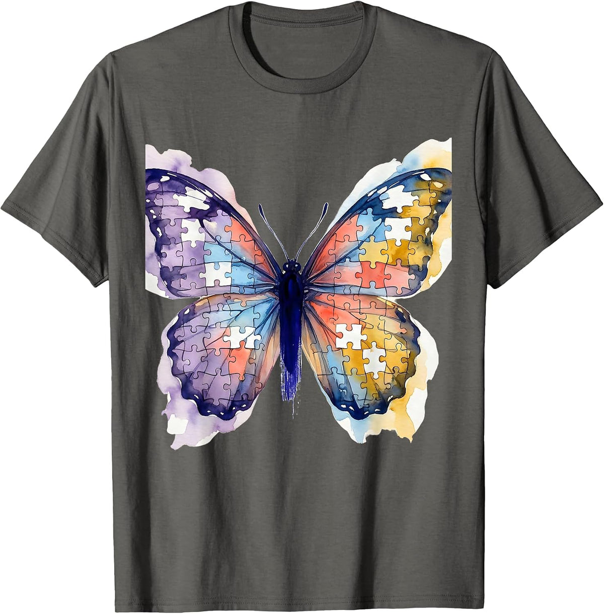 Colorful Puzzle Piece Butterfly Autism Awareness T-Shirt - Asphalt Grey
