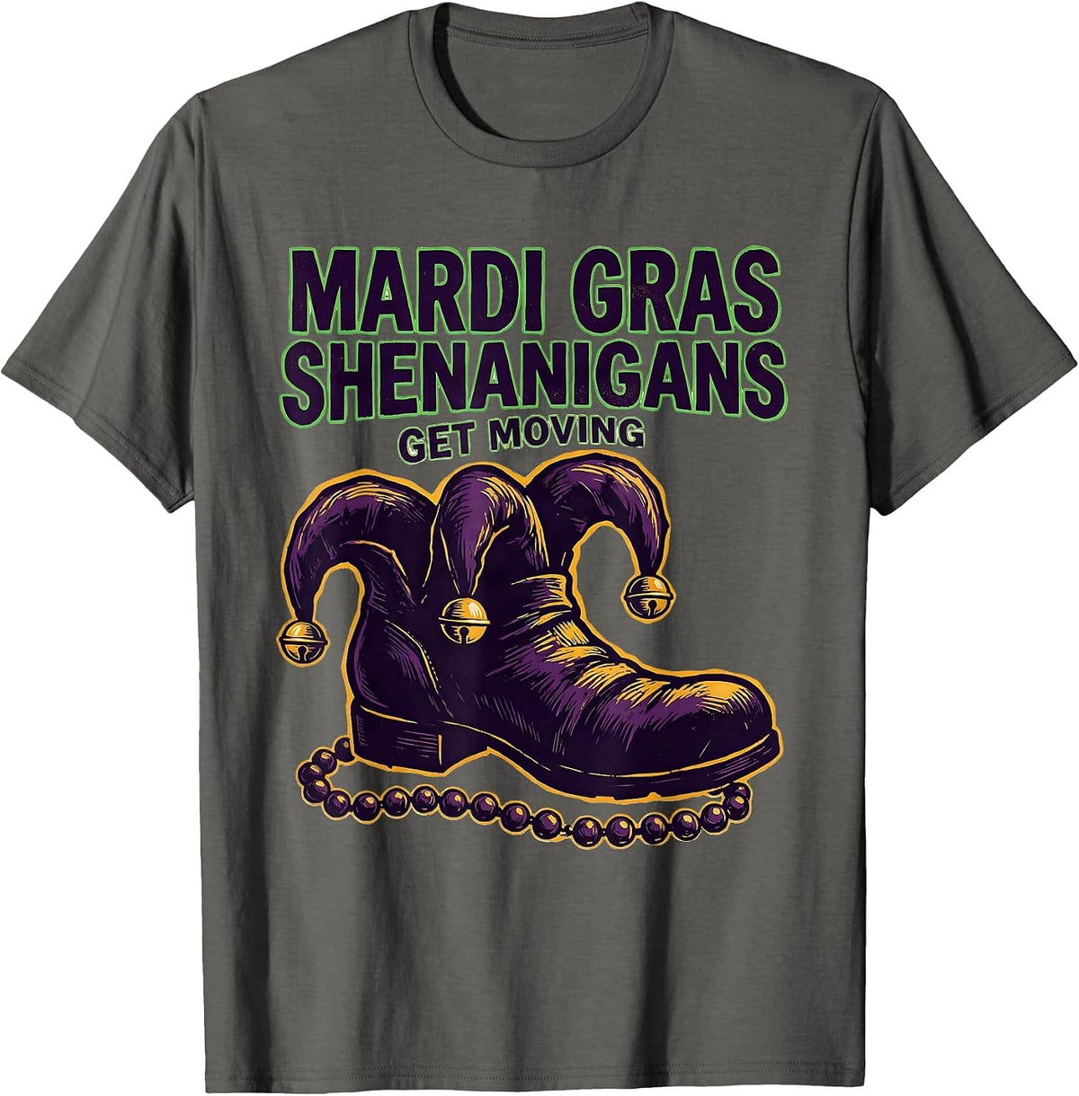Mardi Gras Shenanigans Get Moving Linocut Carnival Party T-Shirt - Asphalt Grey