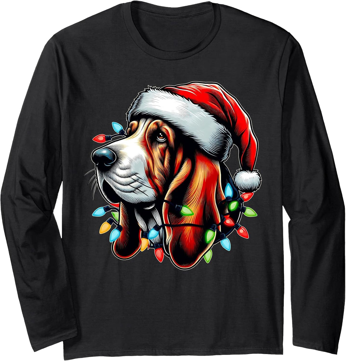 Basset Hound Dog Christmas Hat Xmas Long Sleeve T-Shirt - Adult Unisex Black