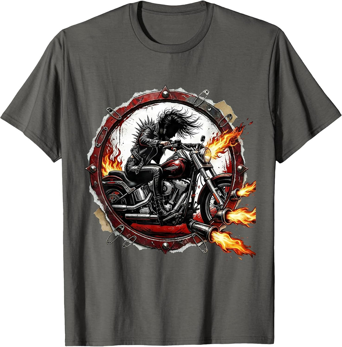 Men's Leather Jacket Biker Rider Motorcycle Graphic Tee T-Shirt - Asphalt Grey