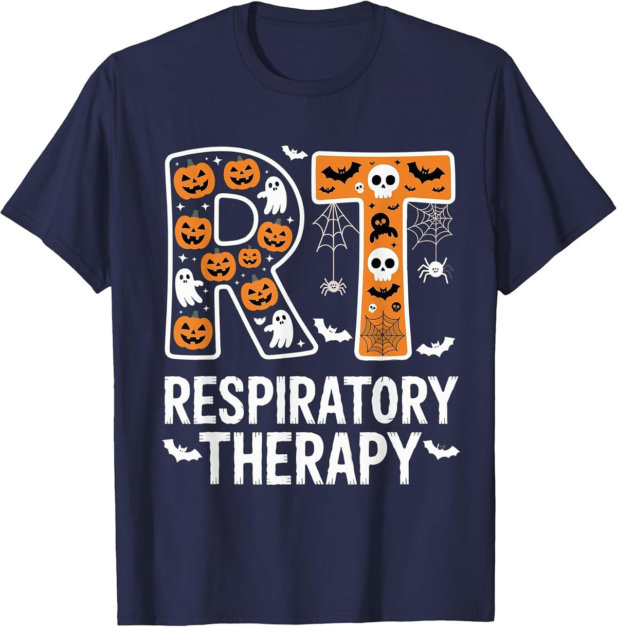 Respiratory Therapist Halloween Ghost Pumpkin RT Nurse Tees T-Shirt - Navy Blue