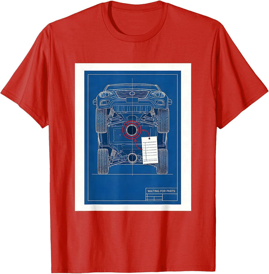 Men's Waiting For Parts Technical Blueprint Mechanic Skeleton Auto T-Shirt - Red