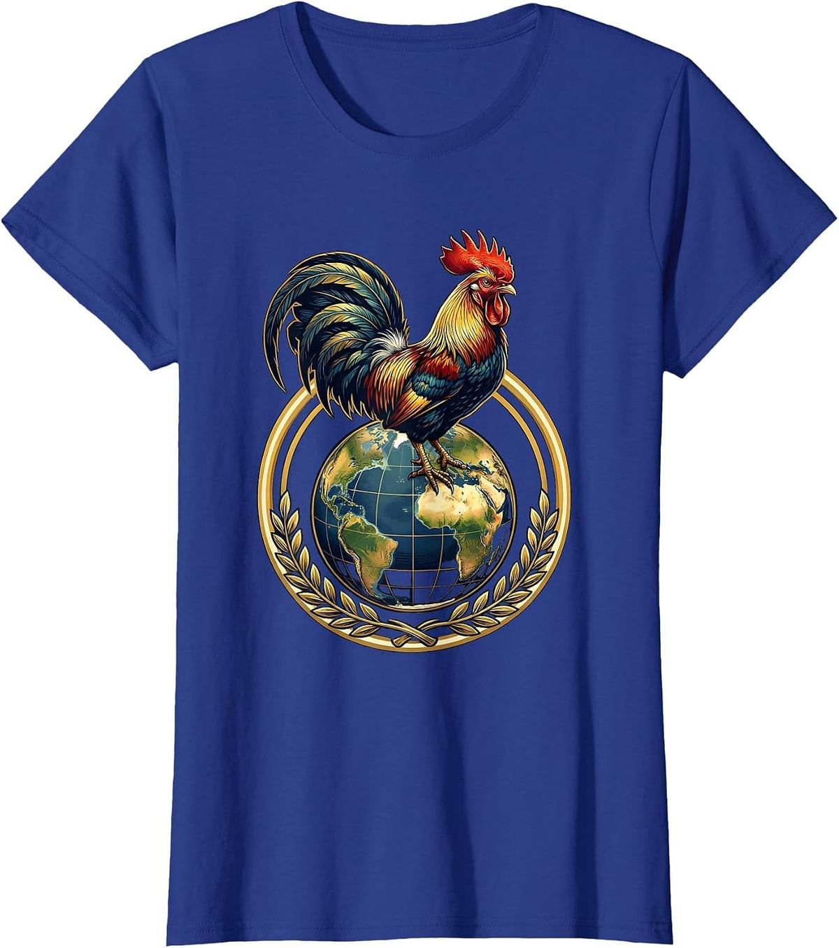 Women's Rooster Ruling the World Globe Graphic T-Shirt - Royal Blue