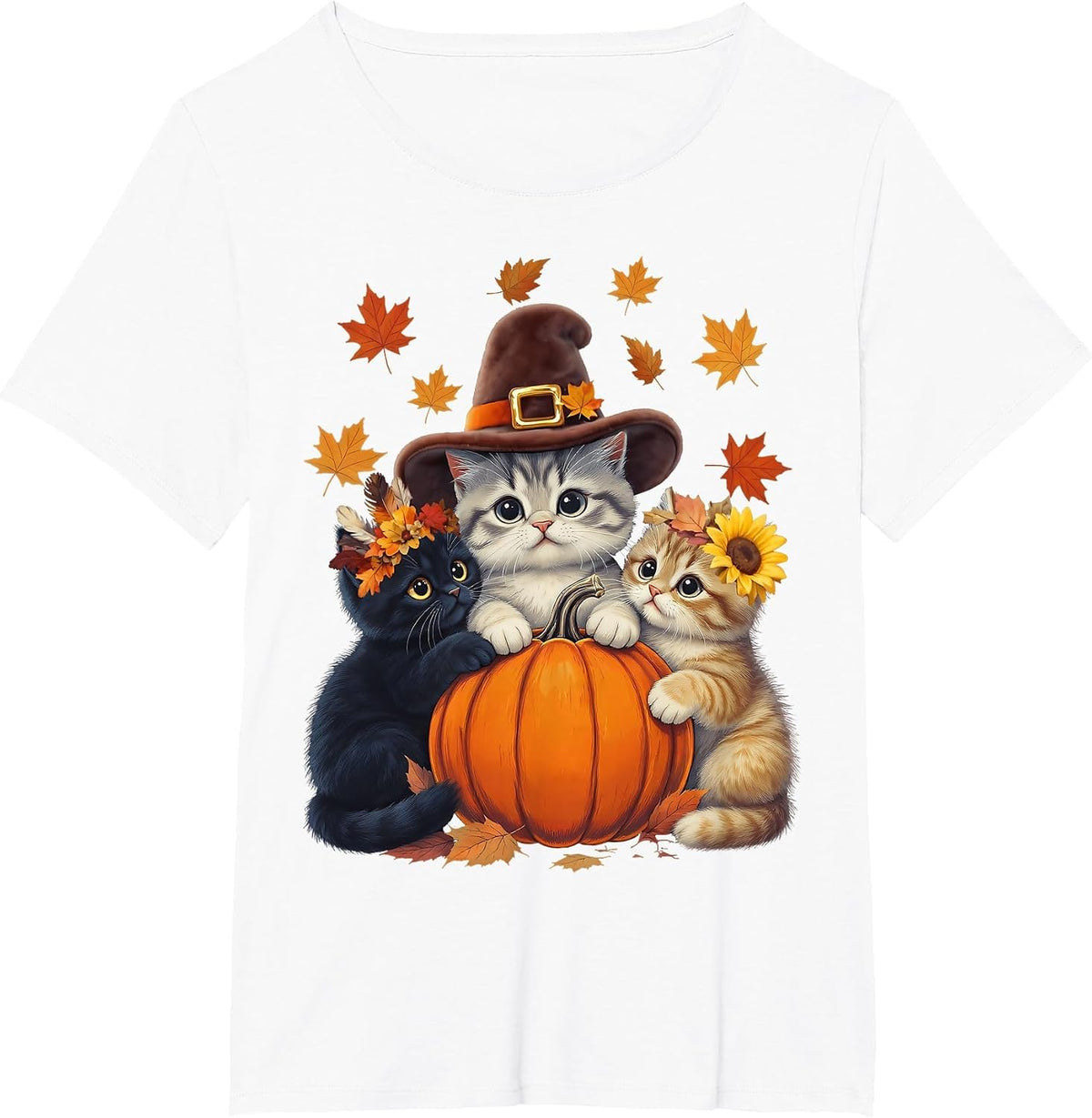 Thanksgiving Kittens and Pumpkin Cats Lover Men Women Fall T-Shirt - White
