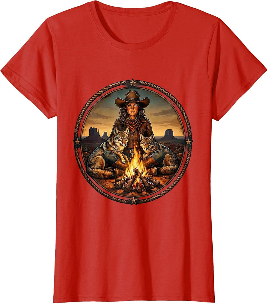 Women's Cowgirl Campfire Coyote Western Night Scene T-Shirt - Red