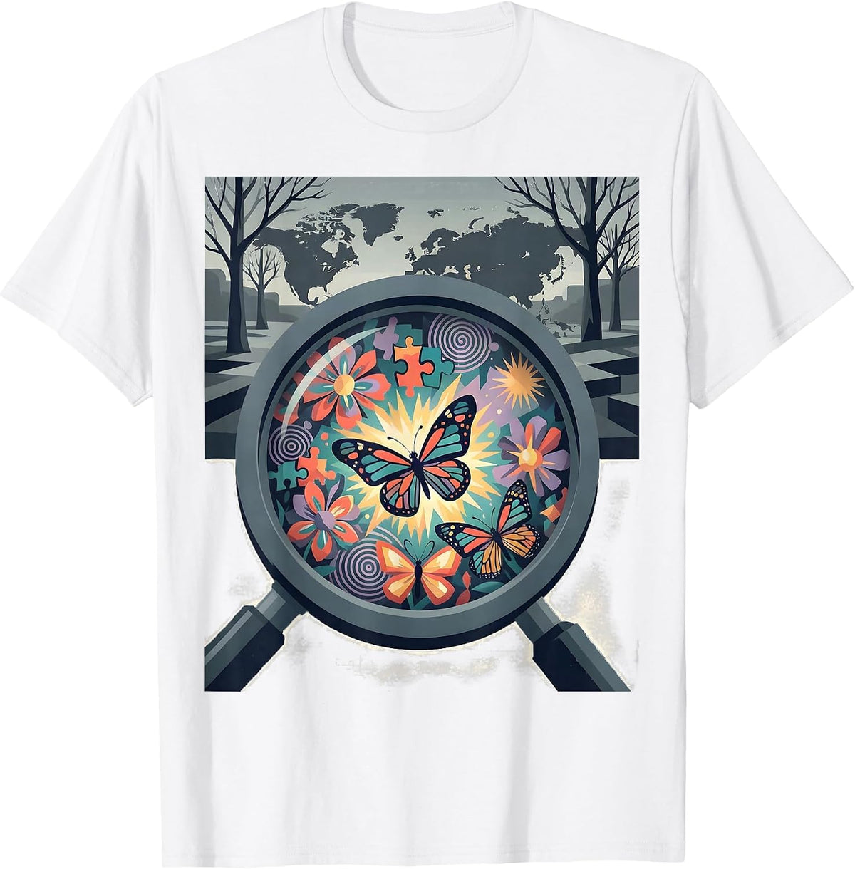 Men's Autism Awareness Hidden World Magnifying Glass T-Shirt - White