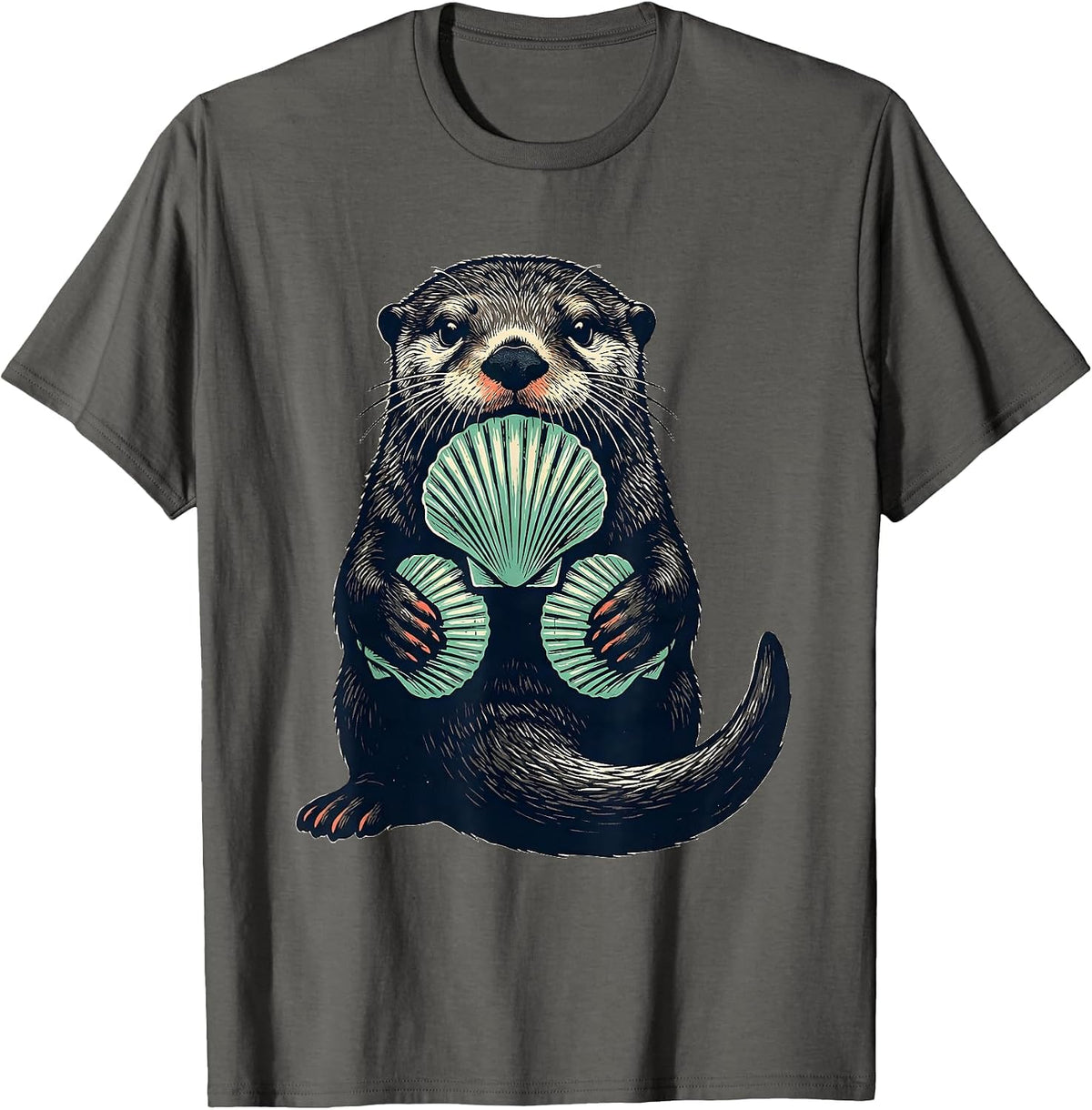 Sea Otter Linocut Funny Otter Lover Gift T-Shirt - Asphalt Grey