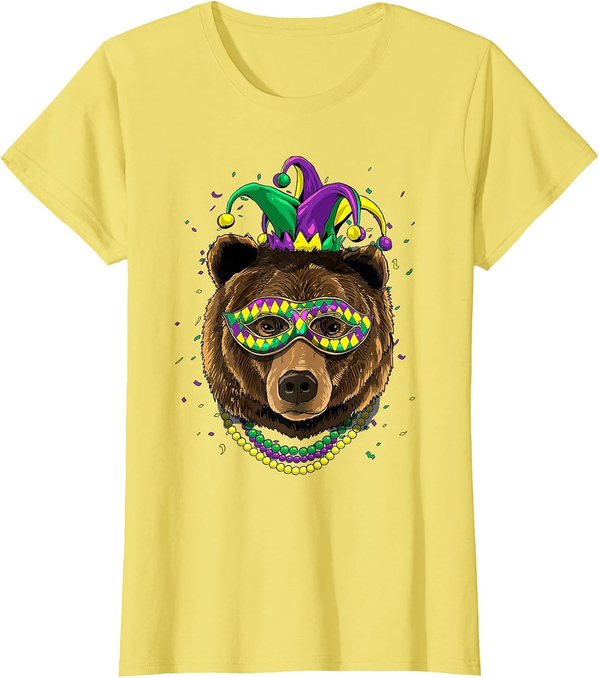 Bear Animal Lover Cute Mardi Gras Carnival Jester T-Shirt, Women, Lemon Yellow, XX-Large - As Pictured