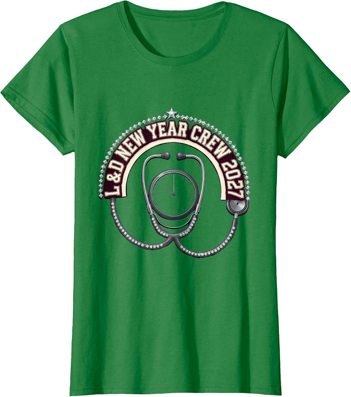 Women's L&D New Year Crew 2027 Sparkle Varsity Nurse Crew New Years T-Shirt - Kelly Green