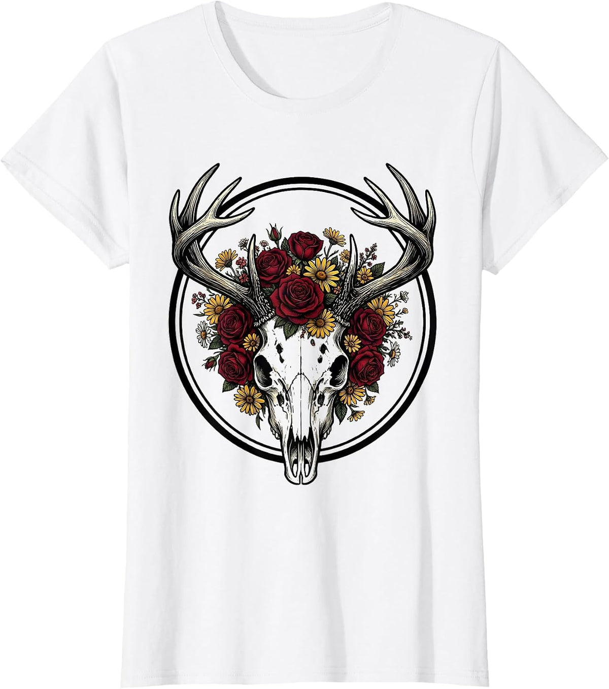 Women's Deer Skull Wildflower Crown Hunting Graphic T-Shirt - White