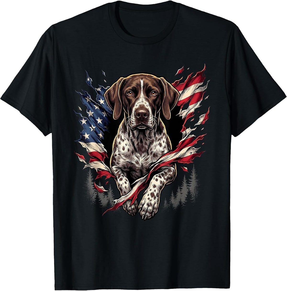 German Shorthaired Pointer American Flag GSP 4th of July T-Shirt - Black