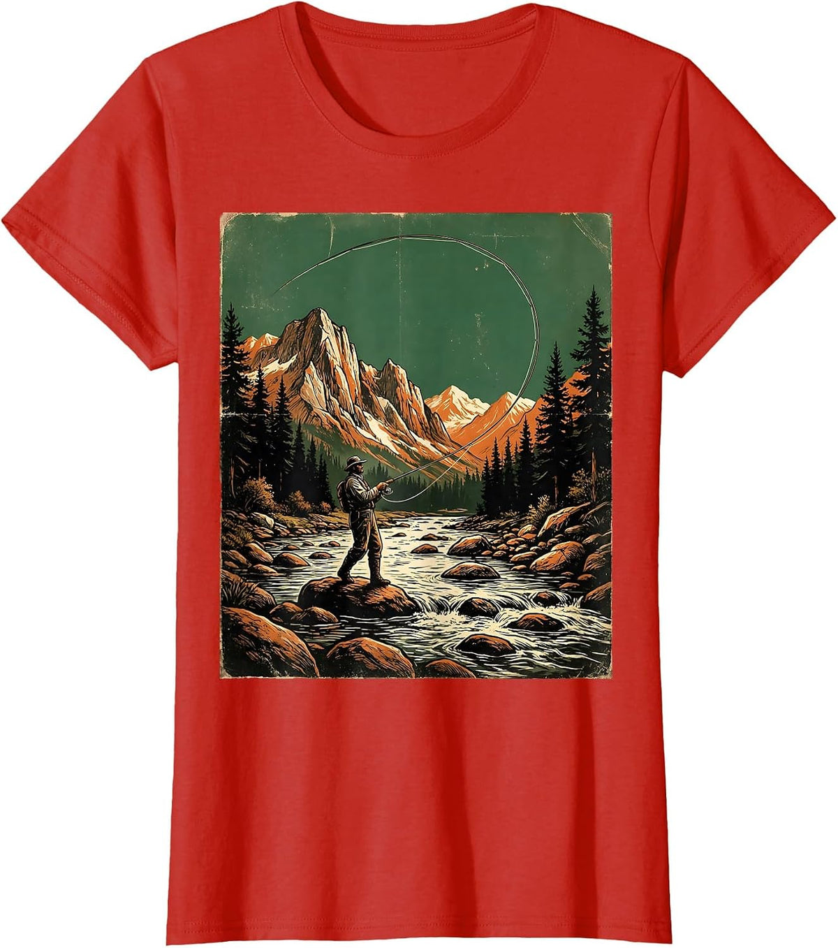 Fly Fisherman Casting in Mountain Stream T-Shirt - Red