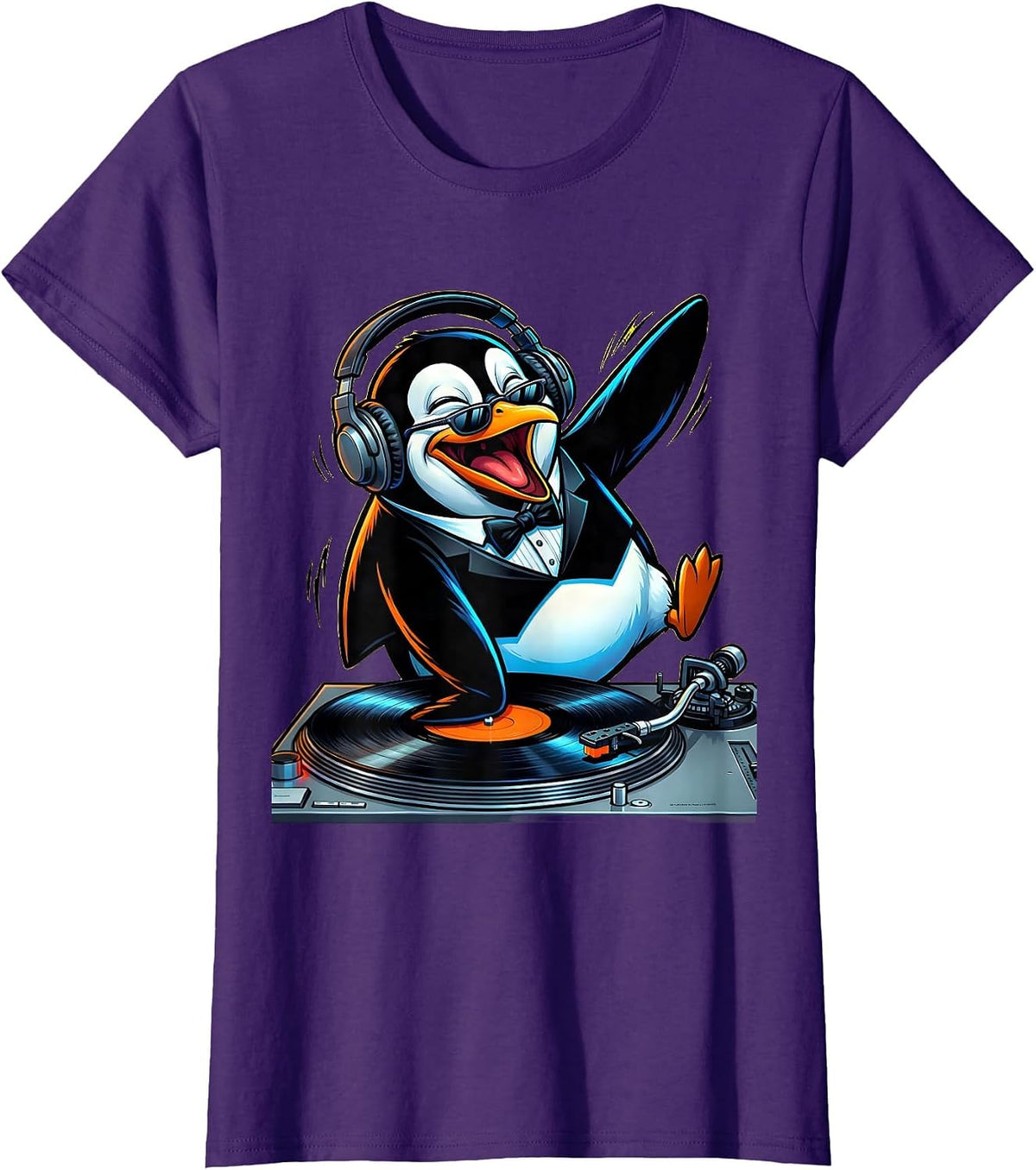 Women's Penguin DJ Spinning Records Turntable Graphic T-Shirt - Purple