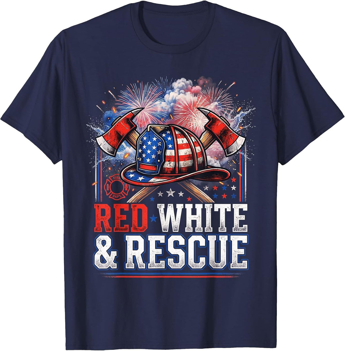 White Red Rescue 4th of July Patriotic Firefighter USA Flag T-Shirt - Navy Blue