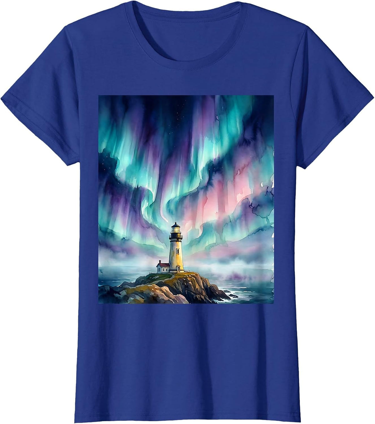 Women's Autism Awareness Lighthouse Aurora Borealis Design T-Shirt - Royal Blue