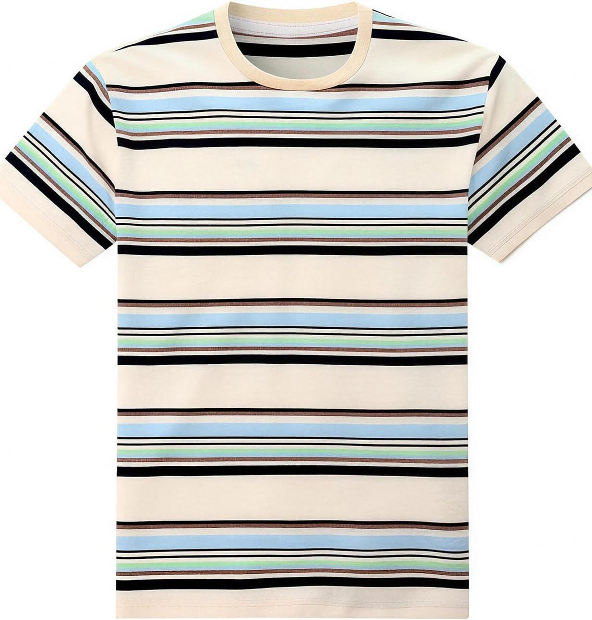 Funny World Men's Cotton Striped T-Shirt Crew Neck Short Sleeves Basic Casual Top - 301 Beige