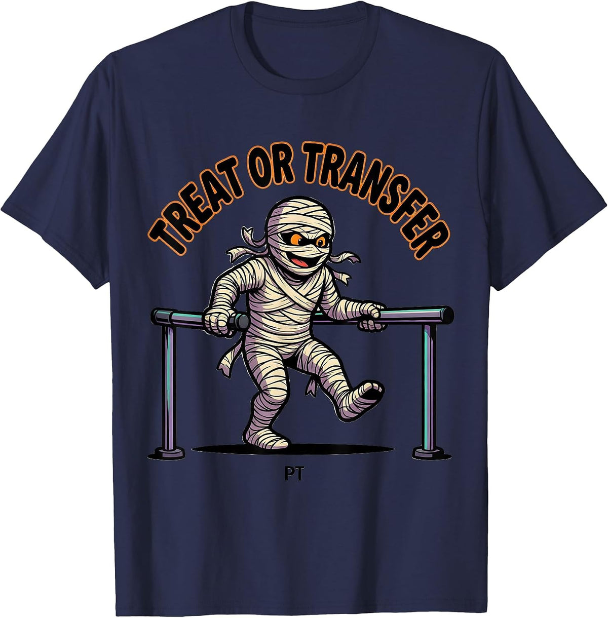Treat Or Transfer PT Cartoon Halloween Physical Therapy T-Shirt - Navy Blue