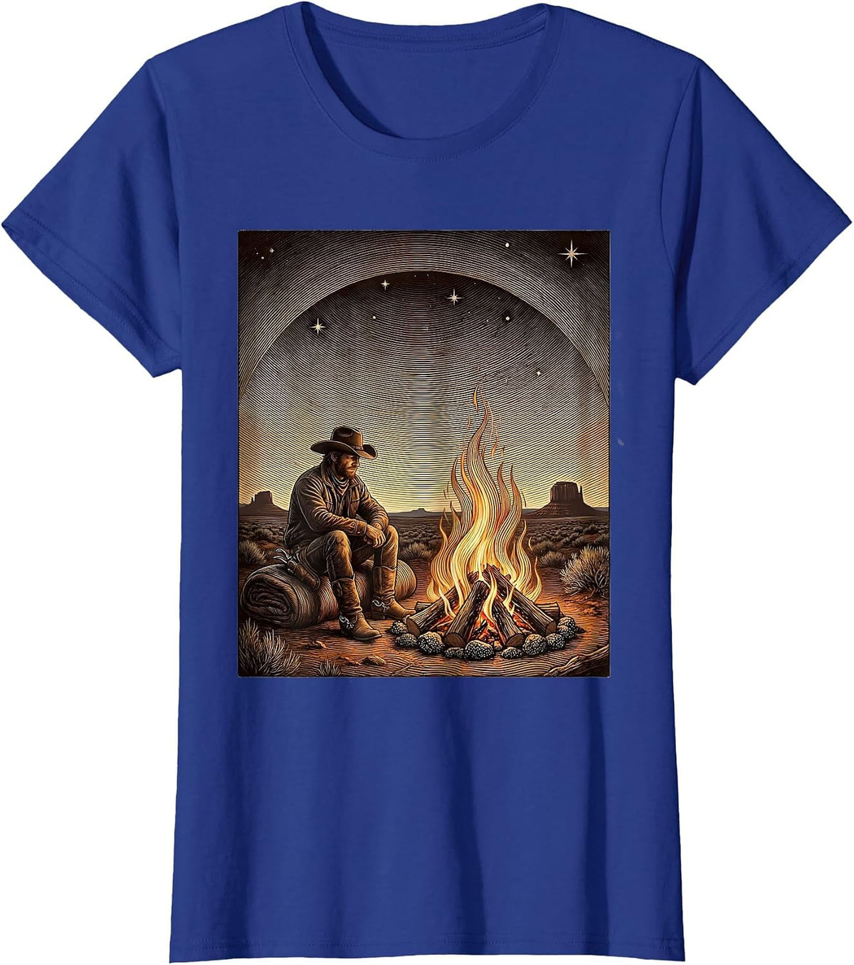 Women's Campfire Starry Night Western Wilderness Design T-Shirt - Royal Blue