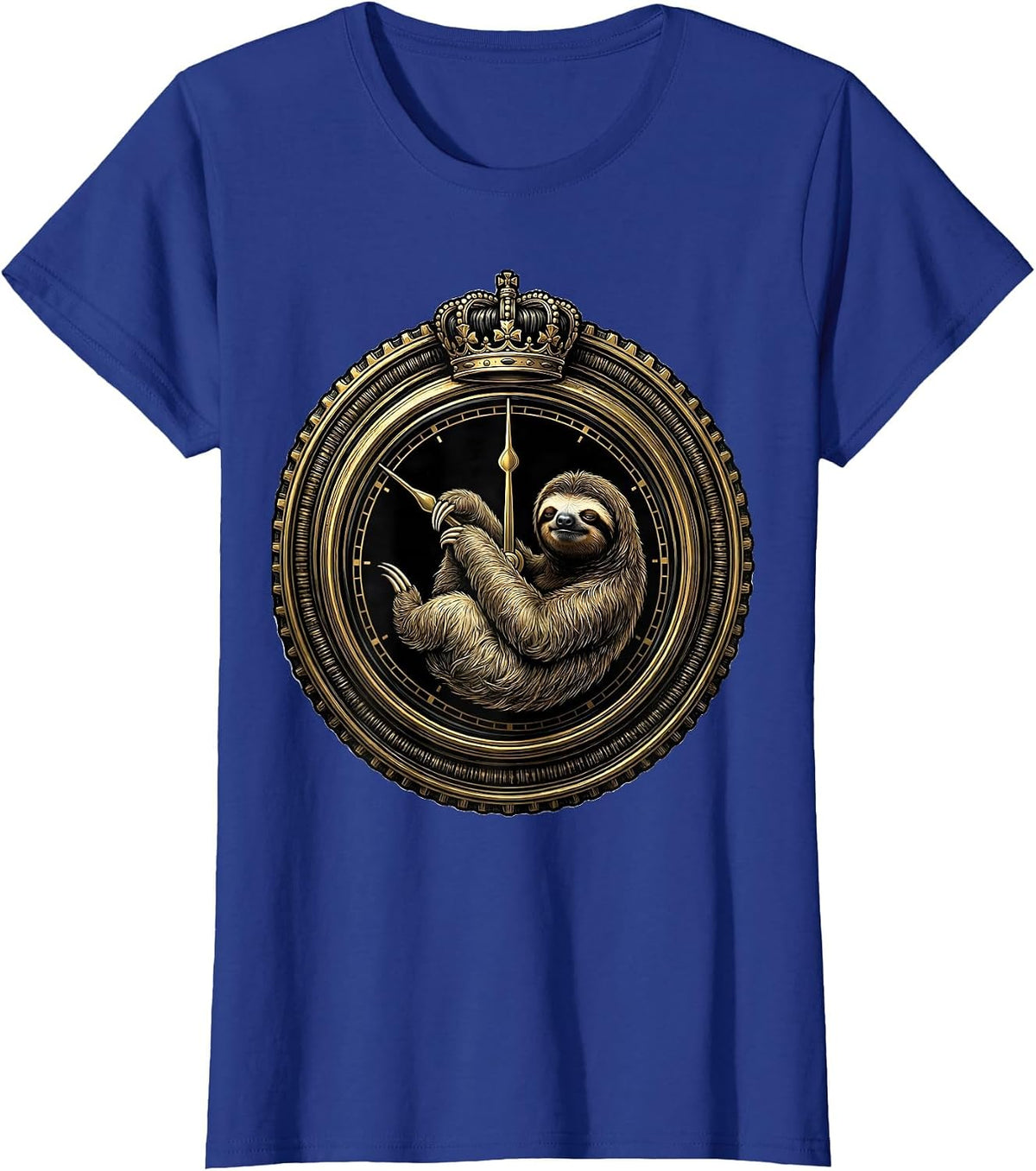 Women's Lazy Sloth Hanging From Midnight Clock Hands T-Shirt - Royal Blue