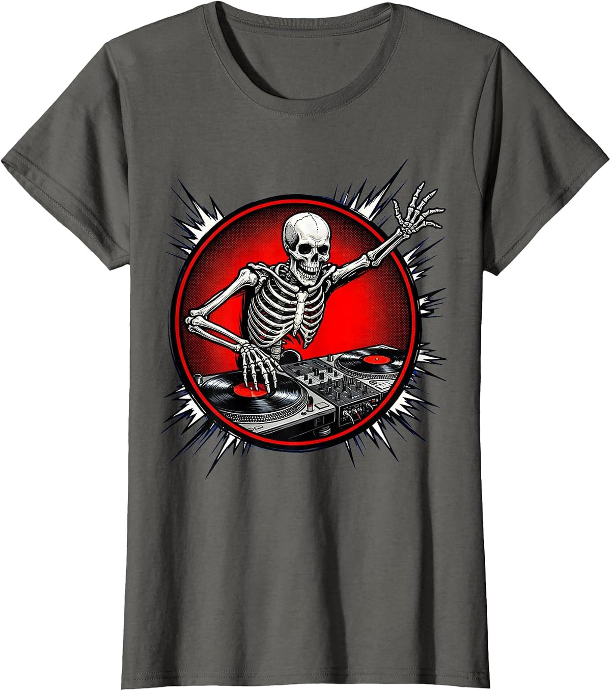 Women's Skeleton DJ Spinning Records Turntable Graphic T-Shirt - Asphalt Grey