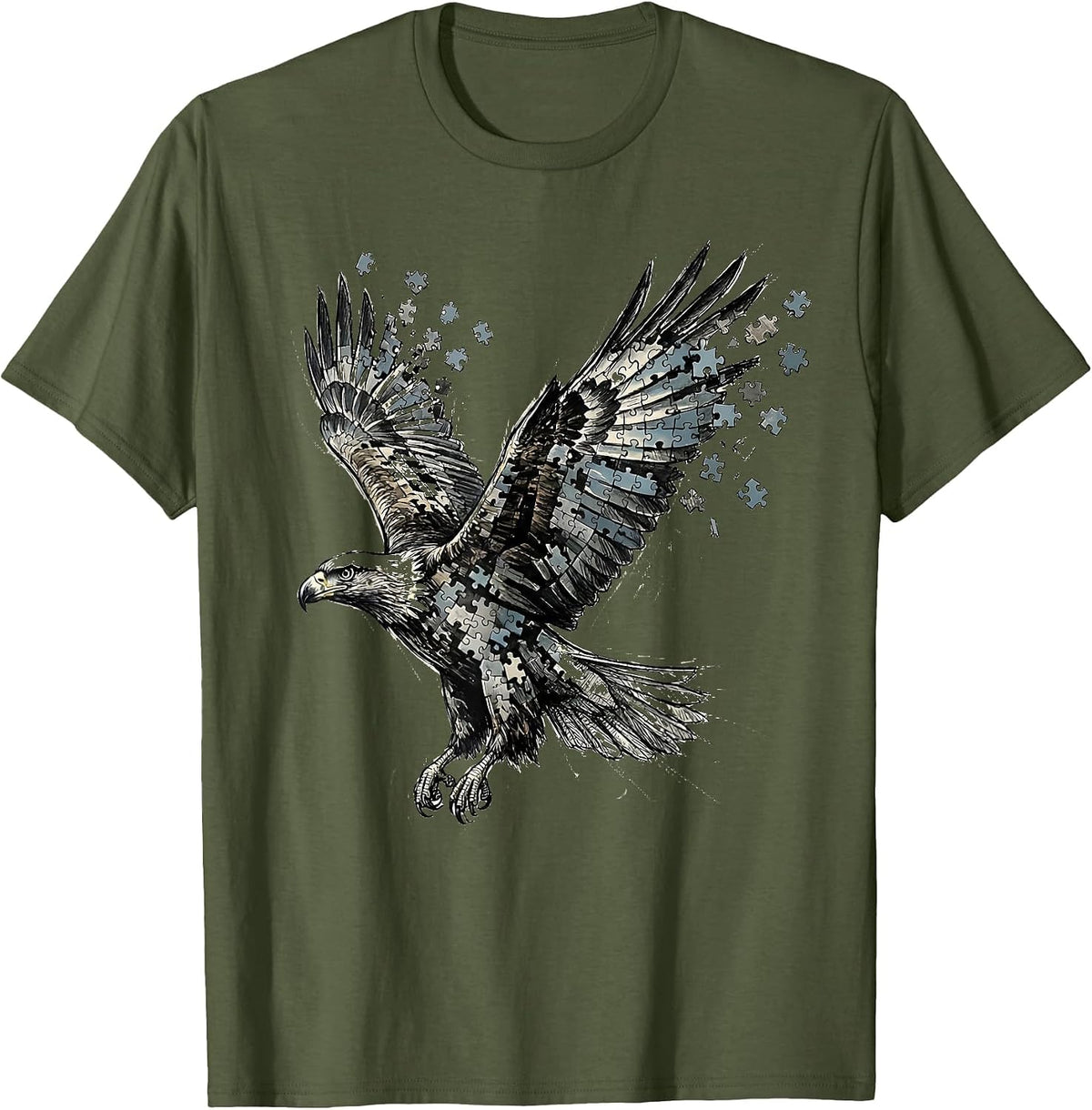 Men's Autism Awareness Puzzle Piece Soaring Bird Design T-Shirt - Olive Green