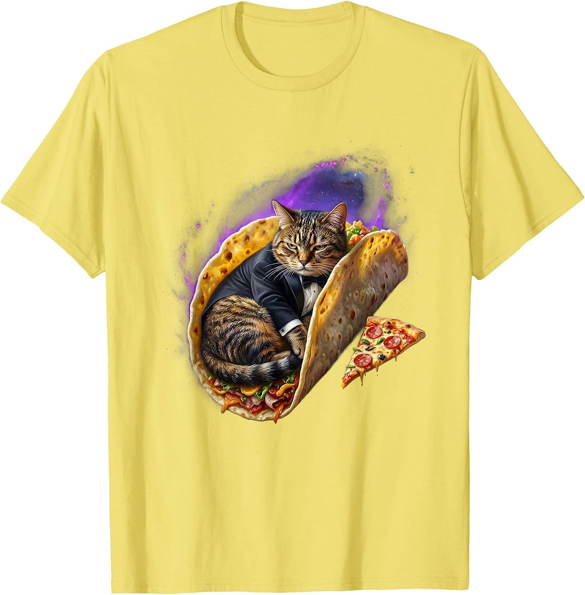 Men's Deadpan Tuxedo Cat In Space Funny Pizza Taco Meme T-Shirt - Lemon Yellow
