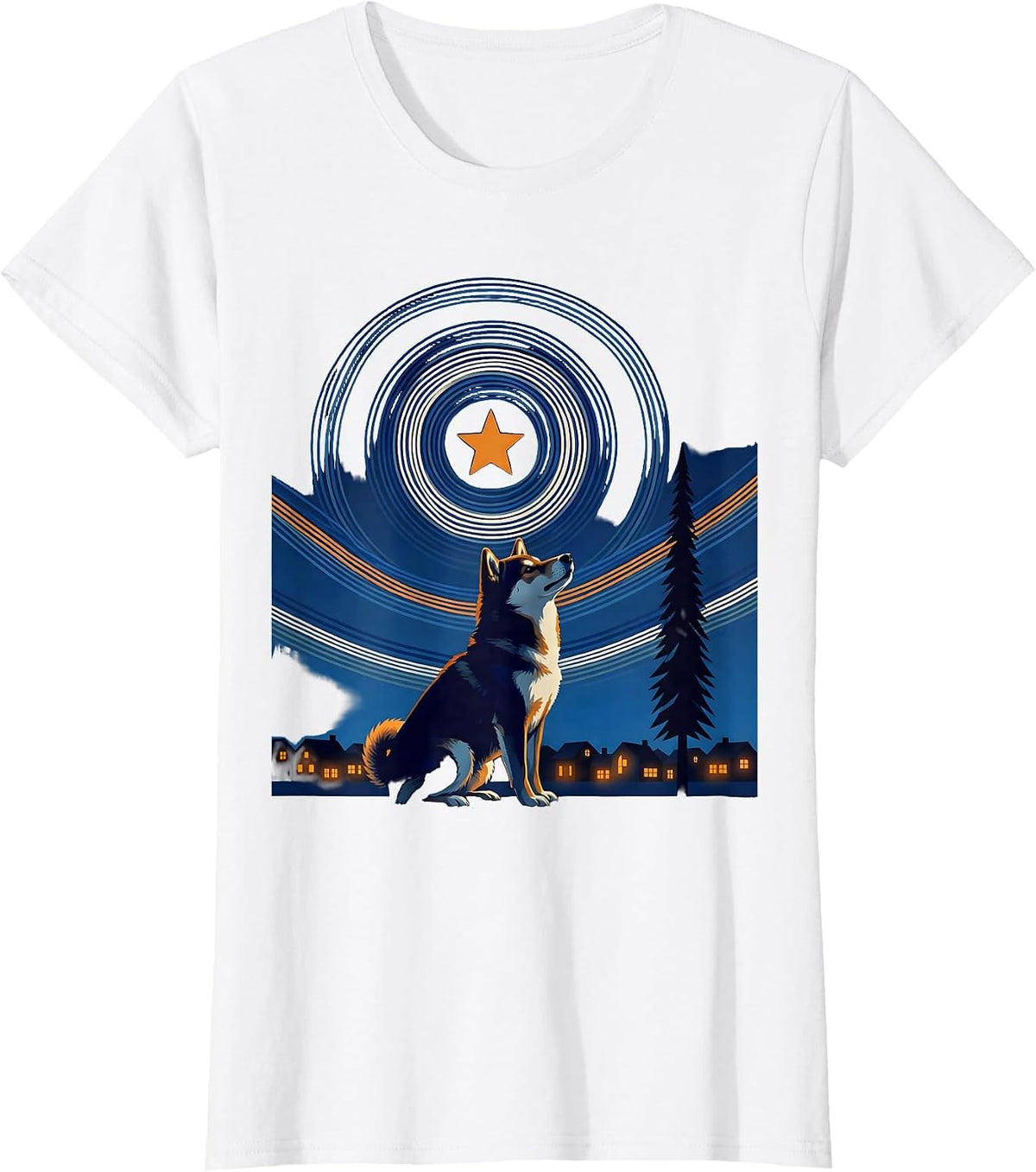 Women's Night Silhouette Shiba Inu Van Gogh Starry Night Art T-Shirt - White