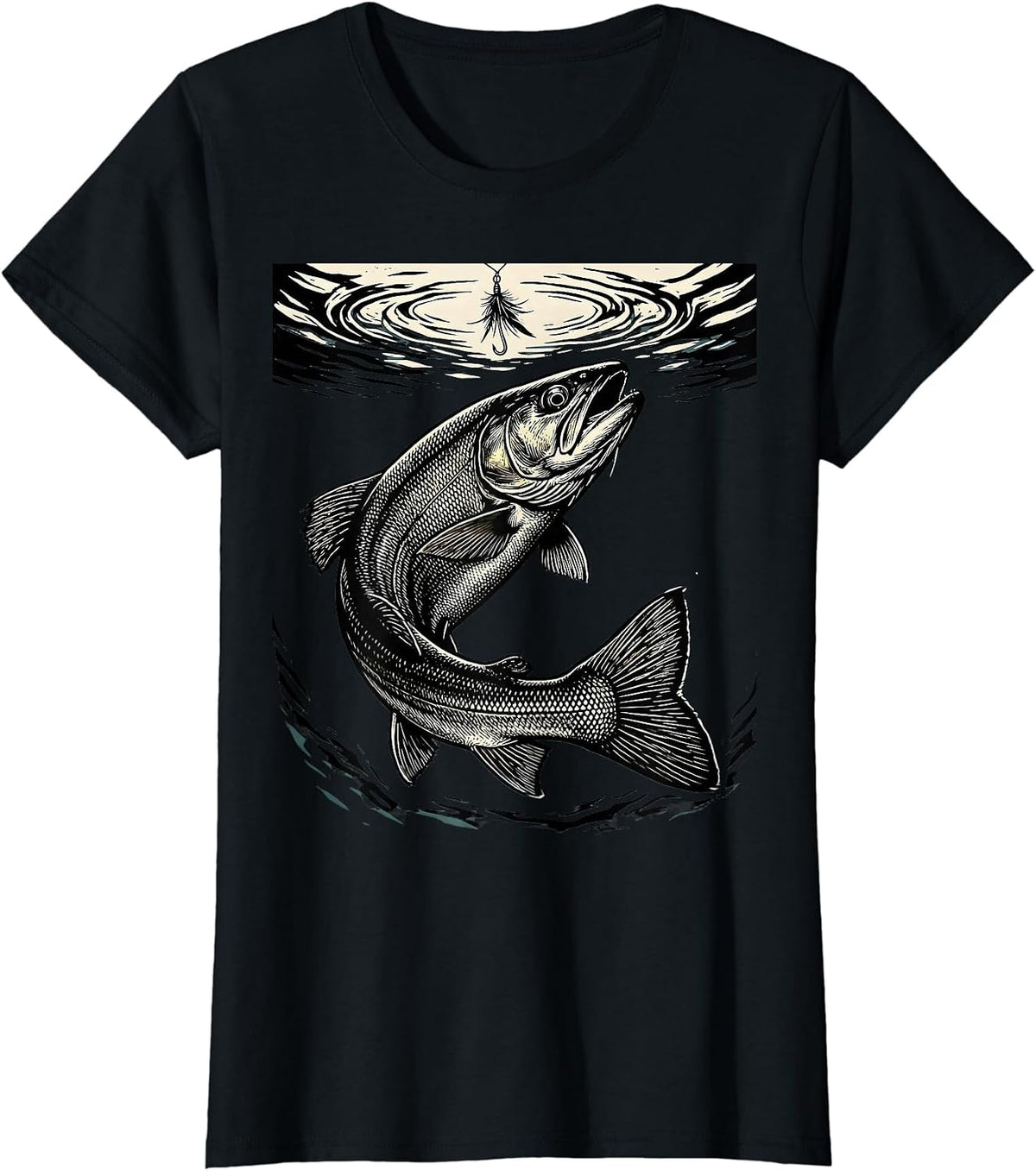 Trout Chasing Fly Lure Underwater Fishing Art T-Shirt - Black
