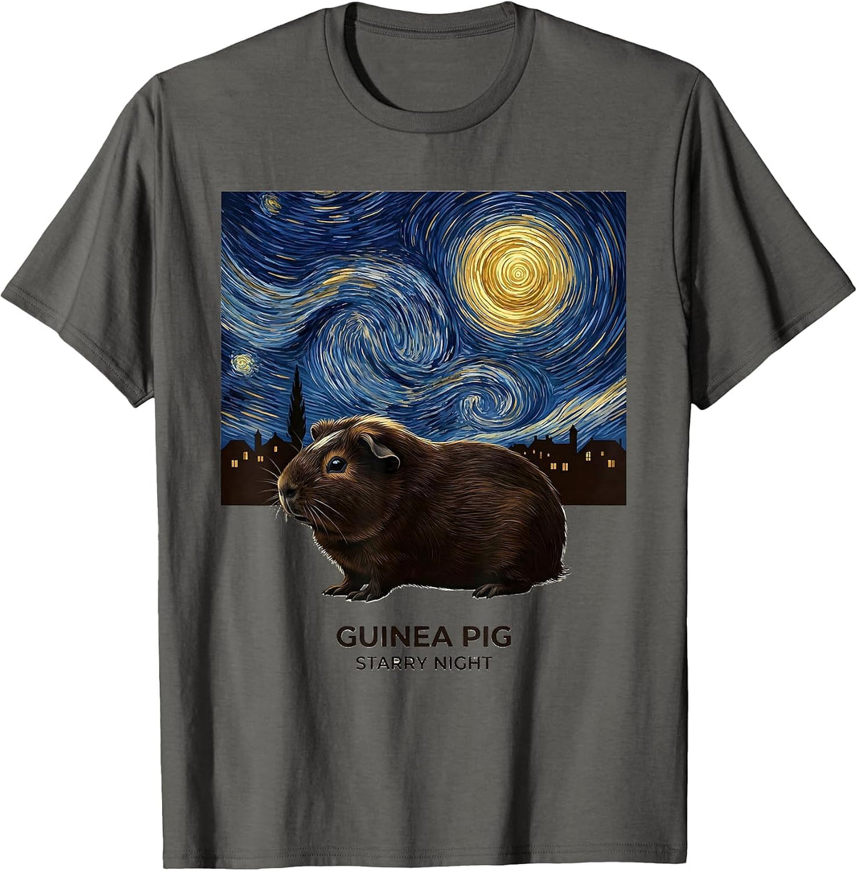 Guinea Pig Starry Night Vintage Art Lover Gift T-Shirt - Asphalt Grey