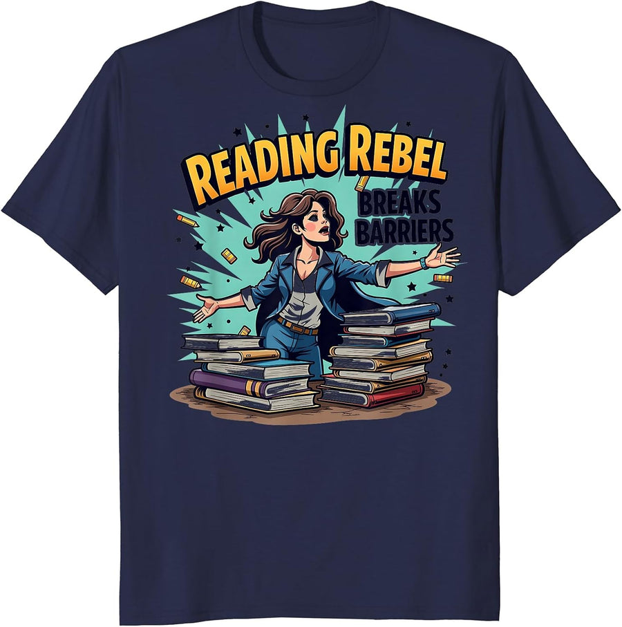 Reading Rebel Breaks Barriers Teacher Design T-Shirt - Navy Blue