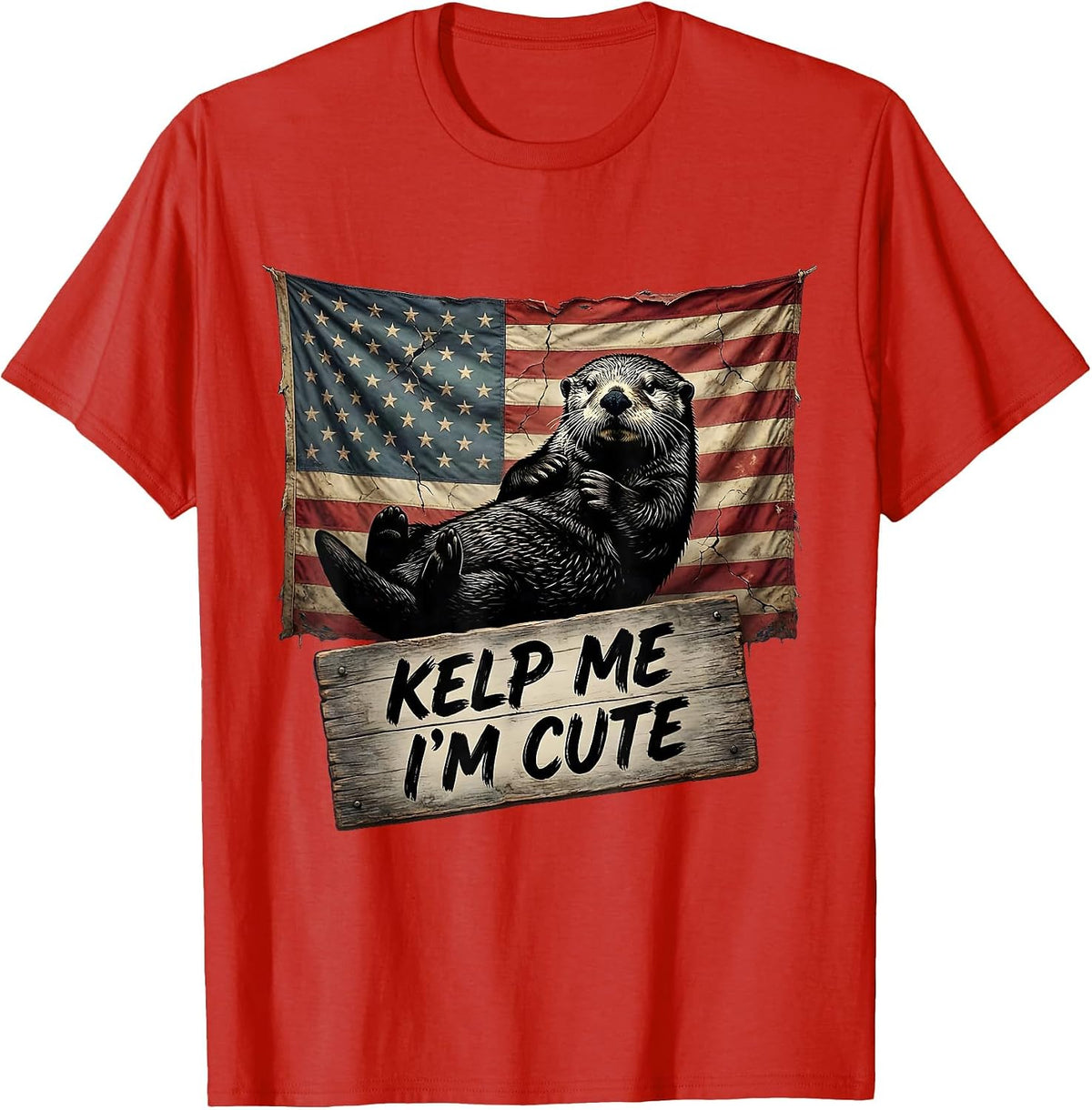 Men's Kelp Me I'm Cute Sea Otter Design T-Shirt - Red