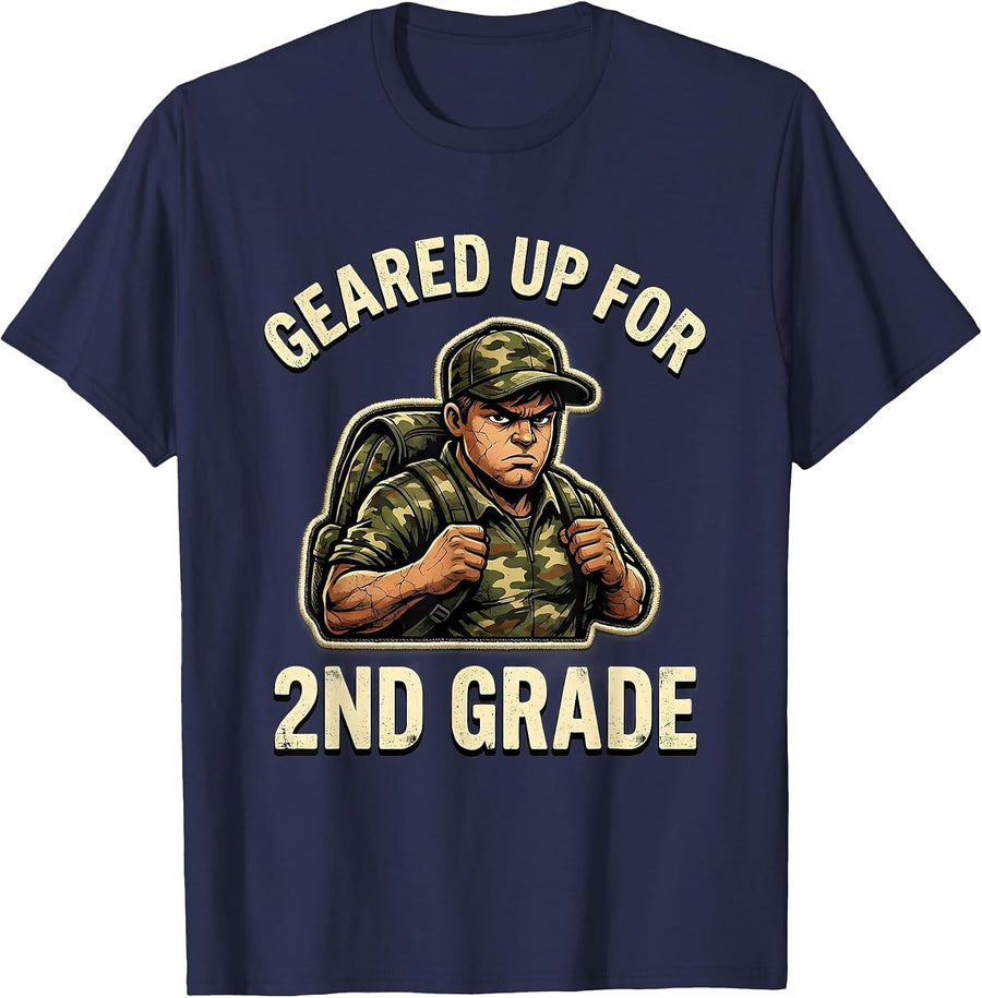 Geared Up For 2nd Grade Distressed Camo Back To School Boy T-Shirt - Navy Blue