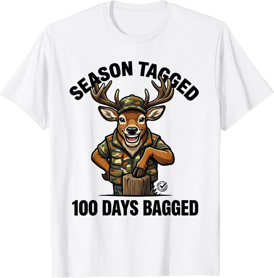 Men's Season Tagged 100 Days Bagged Cartoon Deer Hunting Camo Boys T-Shirt - White